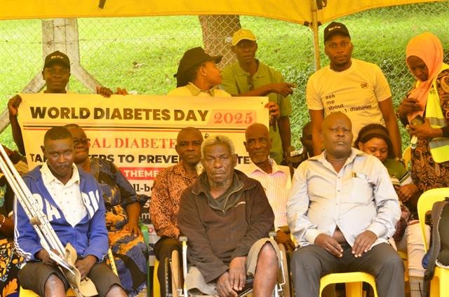 Participants hold an RDAF World Diabetes Day banner while seated together.